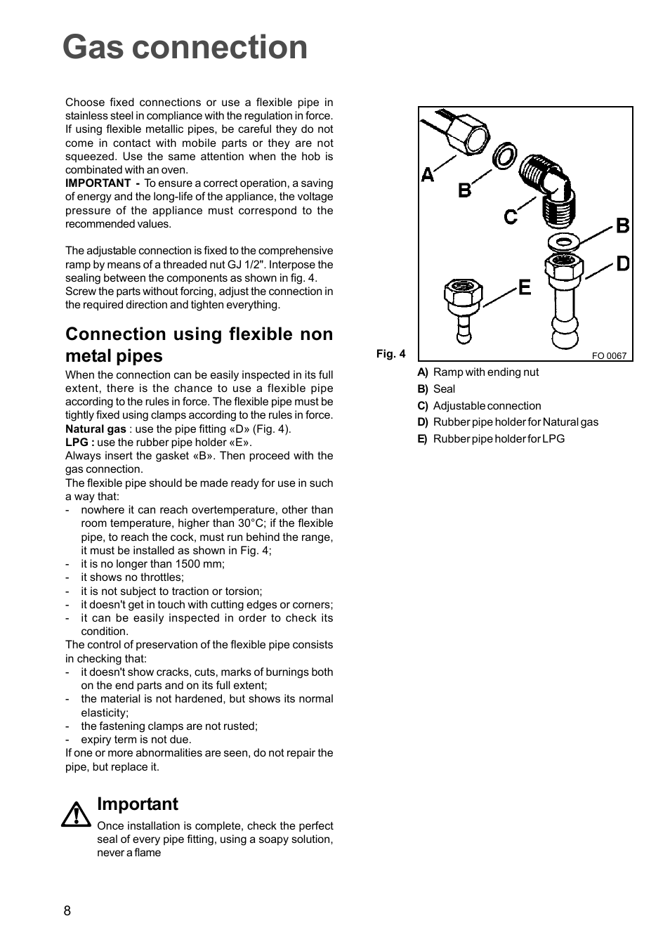 Gas connection, Connection using flexible non metal pipes, Important | Zanussi ZXS 646 IT User Manual | Page 8 / 16