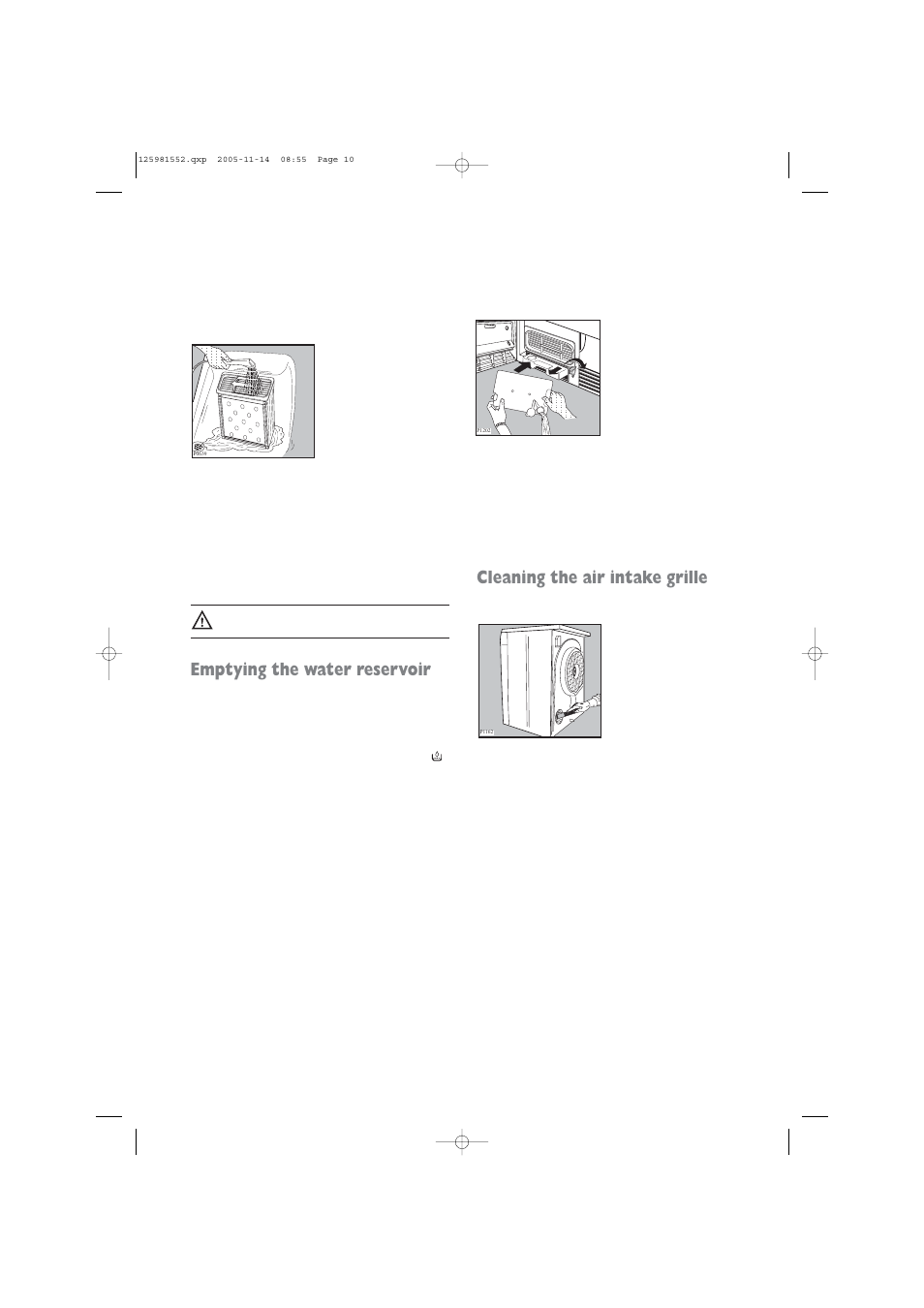 Emptying the water reservoir, Cleaning the air intake grille | Zanussi TC 7103 W User Manual | Page 10 / 16