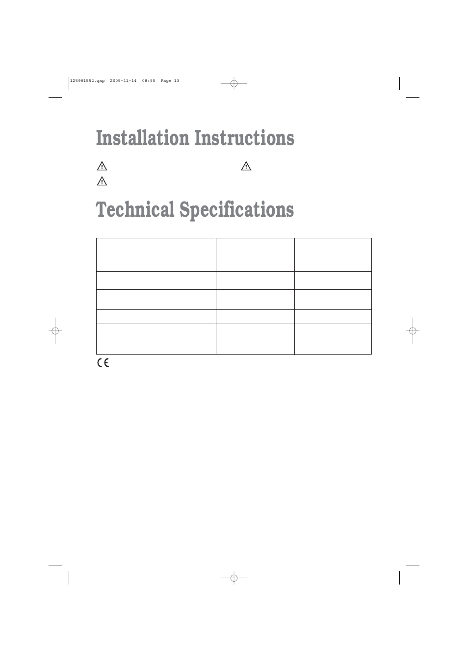 Installation instructions technical specifications | Zanussi TC 7103 W User Manual | Page 13 / 16