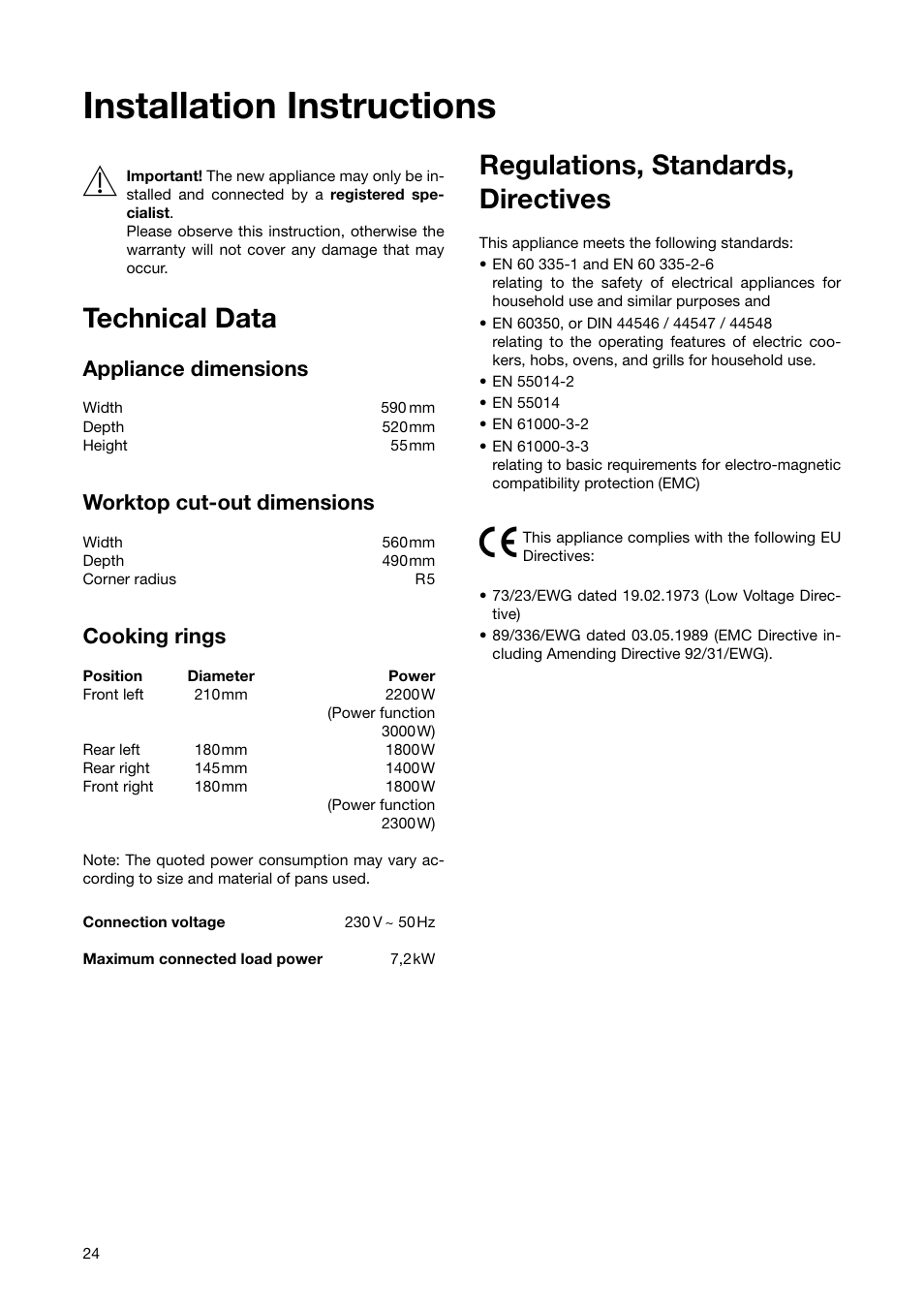 Installation instructions 1, Technical data, Regulations, standards, directives | Zanussi ZKT 650 D User Manual | Page 24 / 32