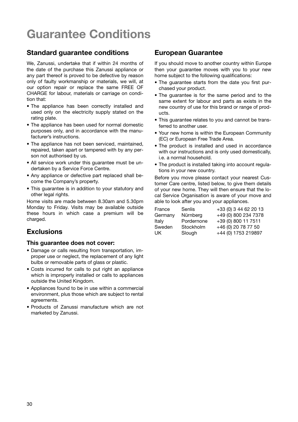 Guarantee conditions, Standard guarantee conditions, Exclusions | European guarantee | Zanussi ZKT 650 D User Manual | Page 30 / 32