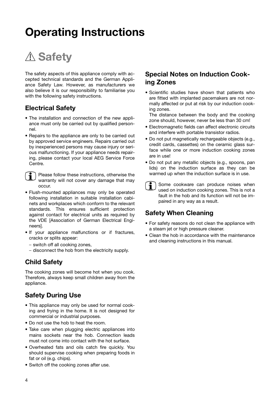 Operating instructions 1 safety, Electrical safety, Child safety | Safety during use, Safety when cleaning | Zanussi ZKT 650 D User Manual | Page 4 / 32