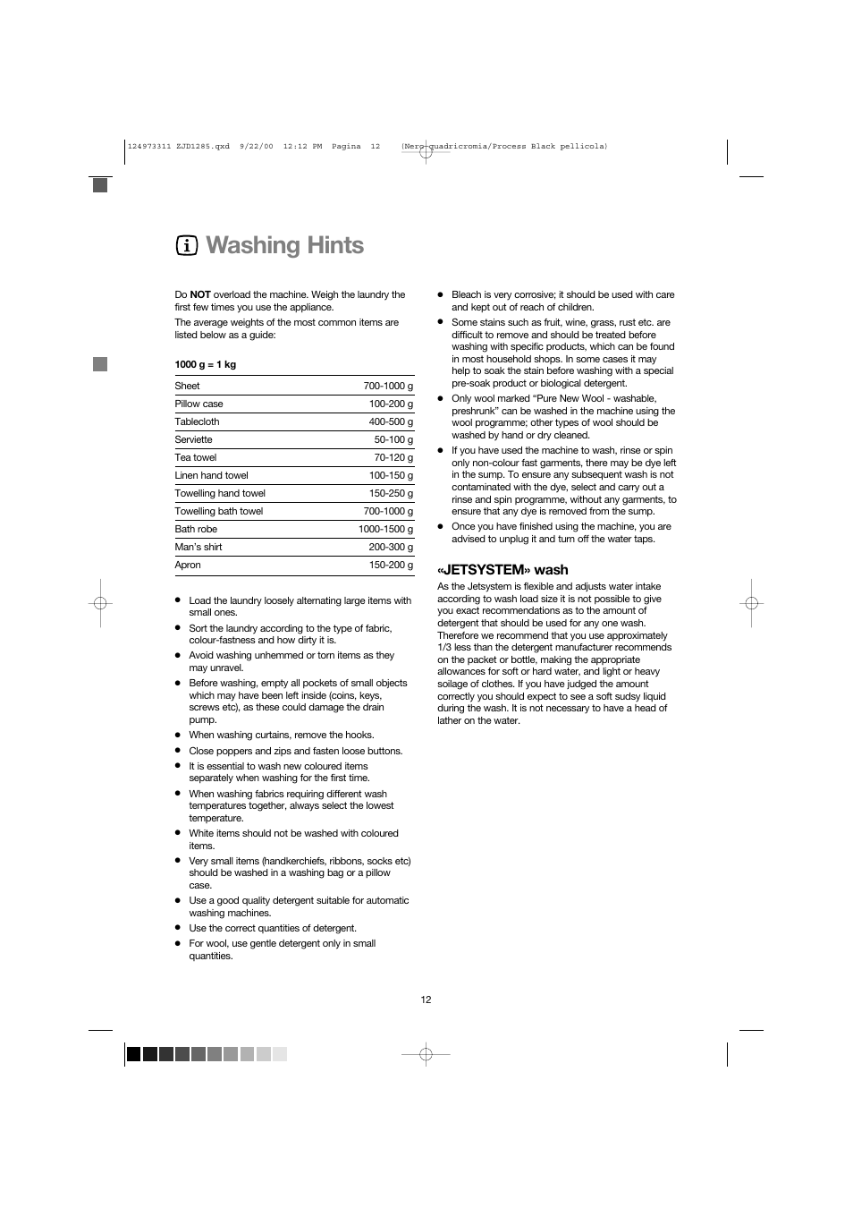 Washing hints, Jetsystem» wash | Zanussi ZJD 1285 User Manual | Page 12 / 33