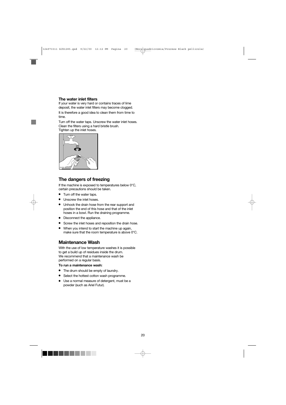 The dangers of freezing, Maintenance wash | Zanussi ZJD 1285 User Manual | Page 20 / 33
