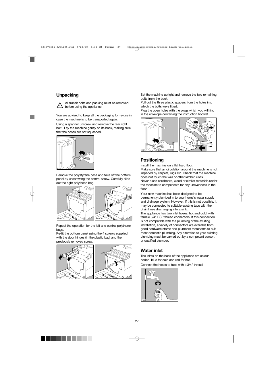 Unpacking, Positioning, Water inlet | Zanussi ZJD 1285 User Manual | Page 27 / 33