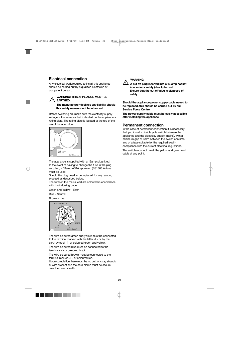 Electrical connection, Permanent connection, Mod. .......... prod. no. ........... ser. no | Zanussi ZJD 1285 User Manual | Page 30 / 33