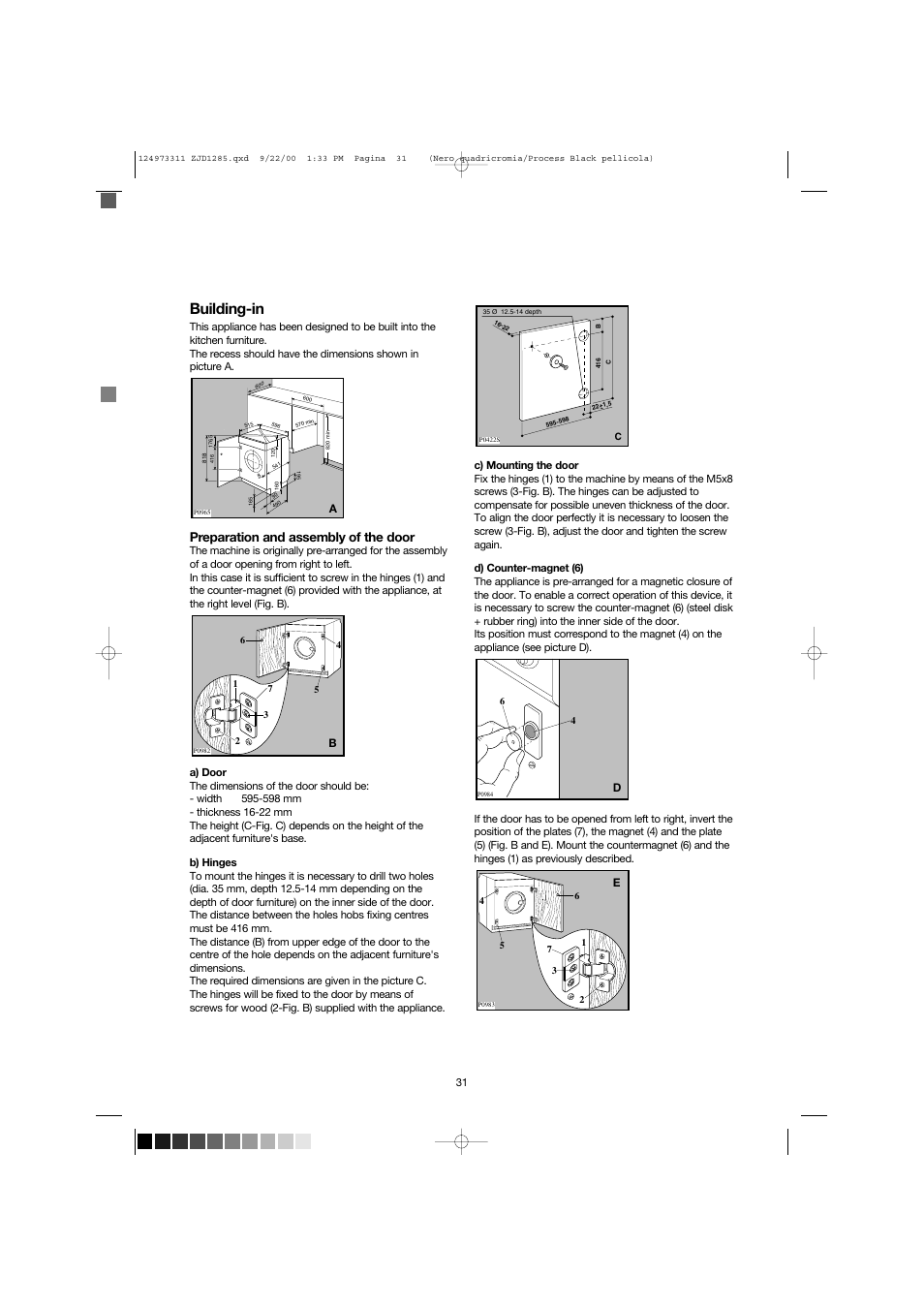 Building-in, Preparation and assembly of the door | Zanussi ZJD 1285 User Manual | Page 31 / 33
