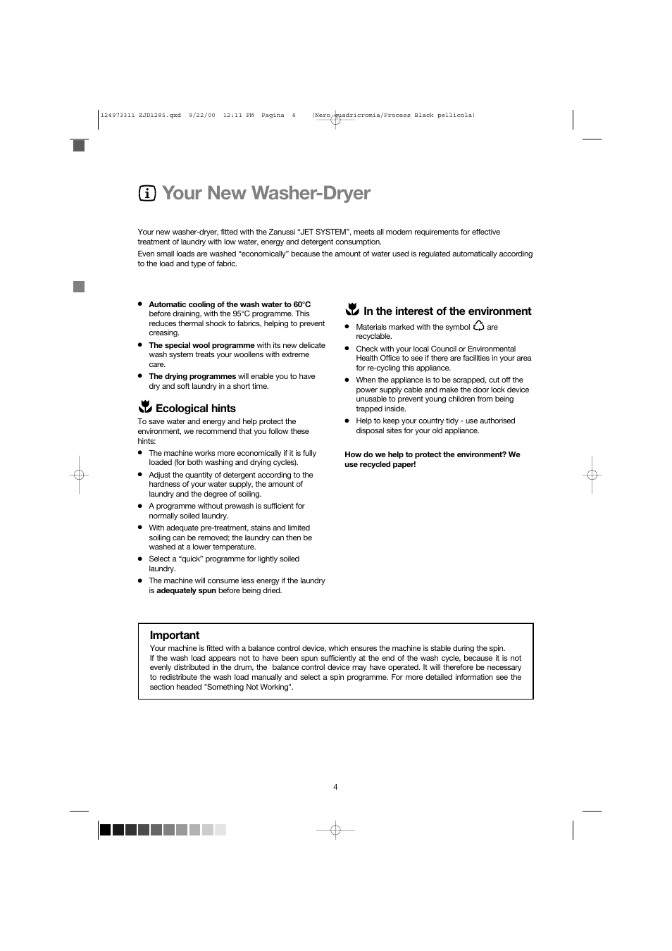 Your new washer-dryer, Ecological hints, Important | Zanussi ZJD 1285 User Manual | Page 4 / 33
