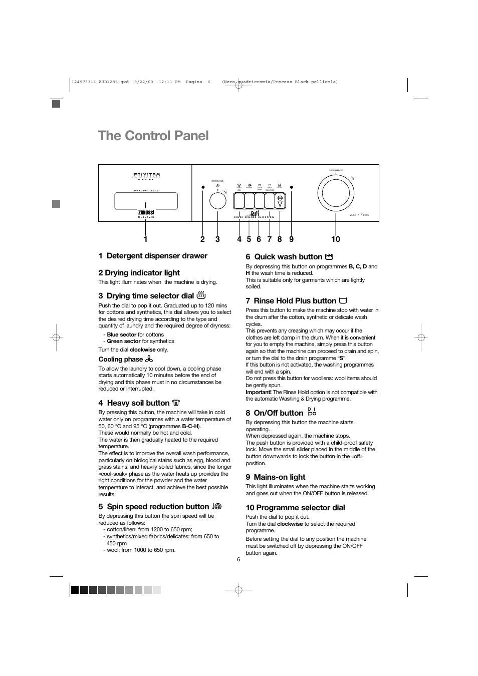 The control panel, 3 drying time selector dial, 4 heavy soil button | 5 spin speed reduction button, 6 quick wash button, 7 rinse hold plus button, 8 on/off button, 9 mains-on light, 10 programme selector dial | Zanussi ZJD 1285 User Manual | Page 6 / 33