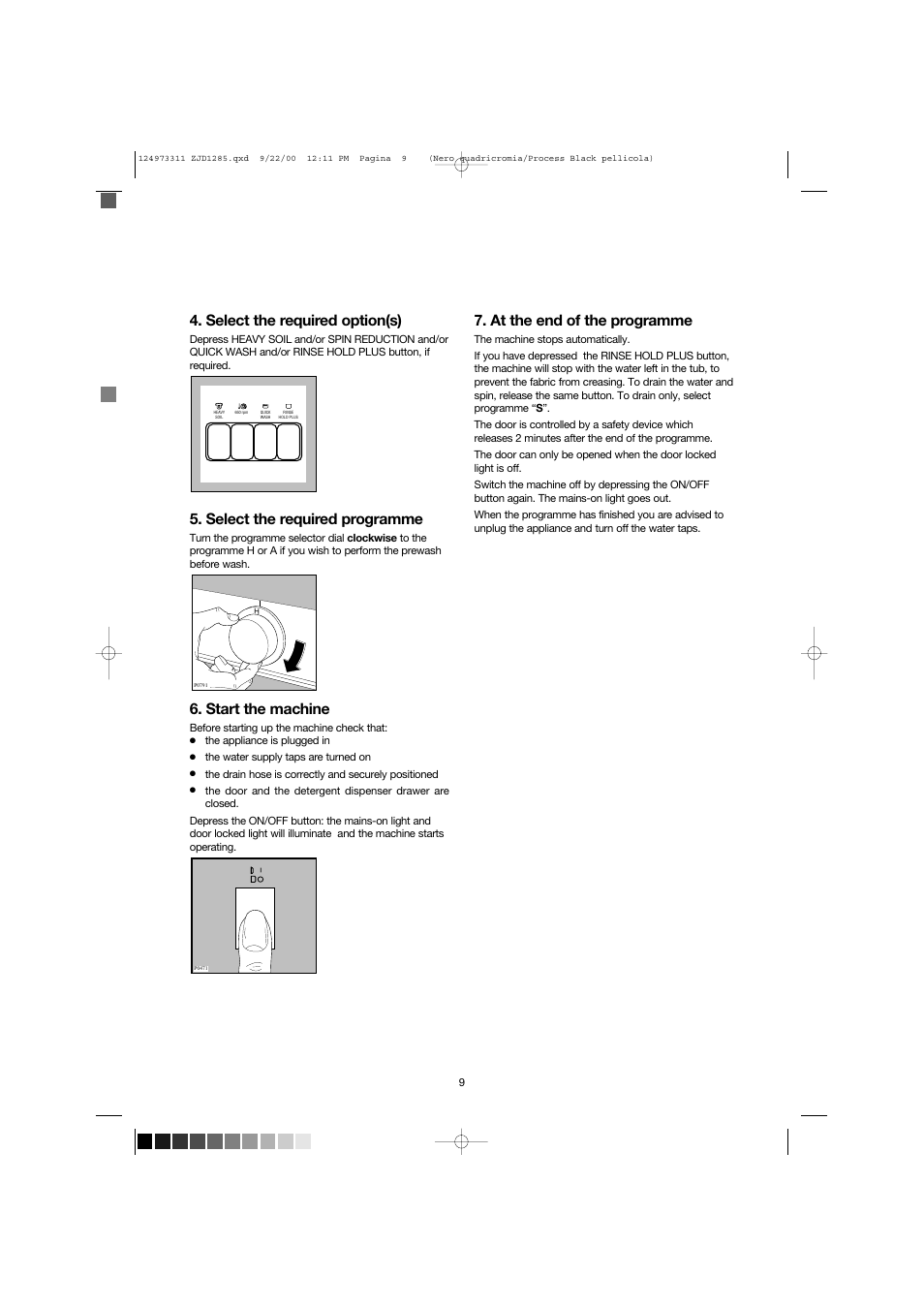 Select the required option(s), Select the required programme, Start the machine | At the end of the programme | Zanussi ZJD 1285 User Manual | Page 9 / 33