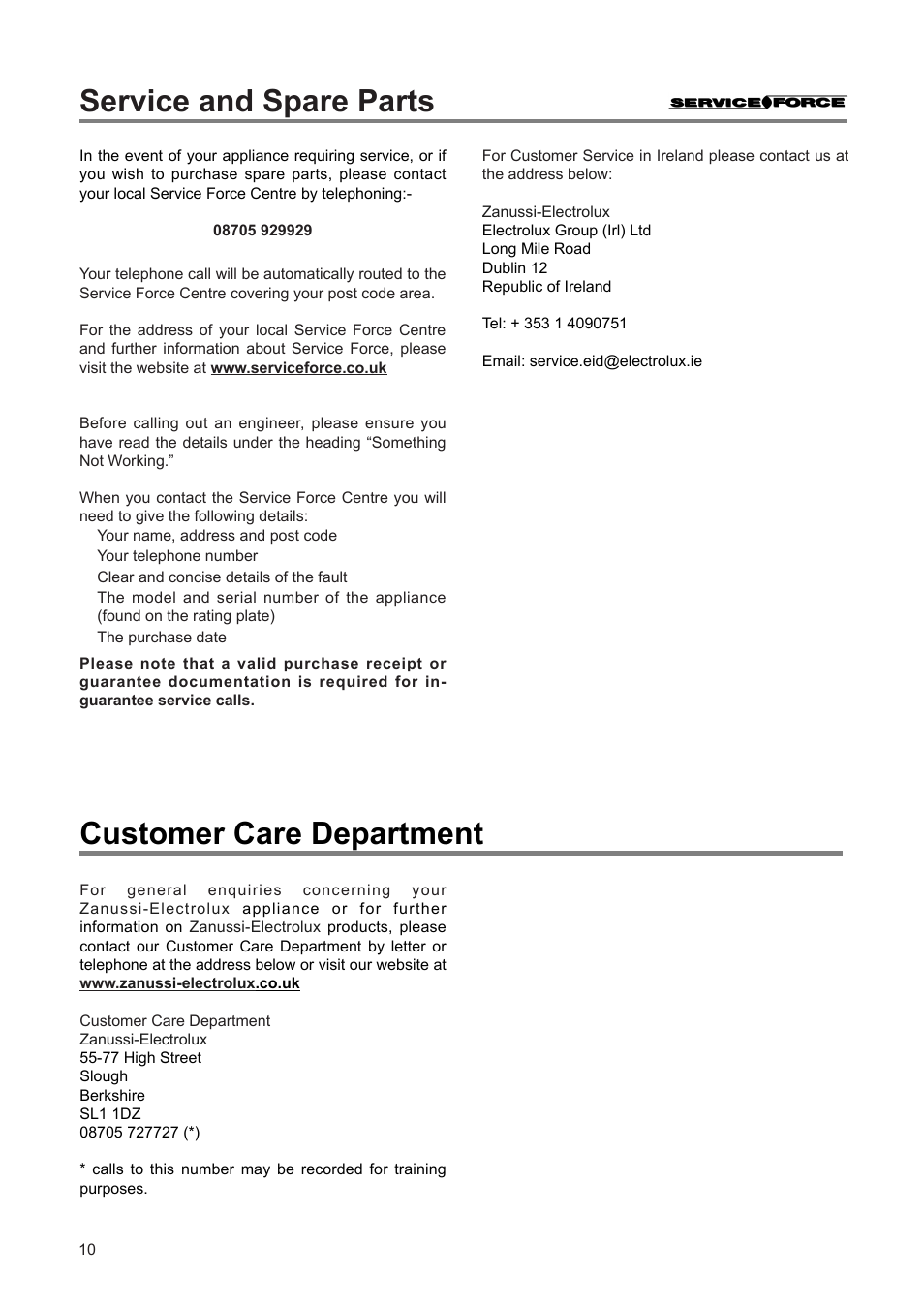Service and spare parts customer care department | Zanussi ZEUT 6275 User Manual | Page 10 / 16