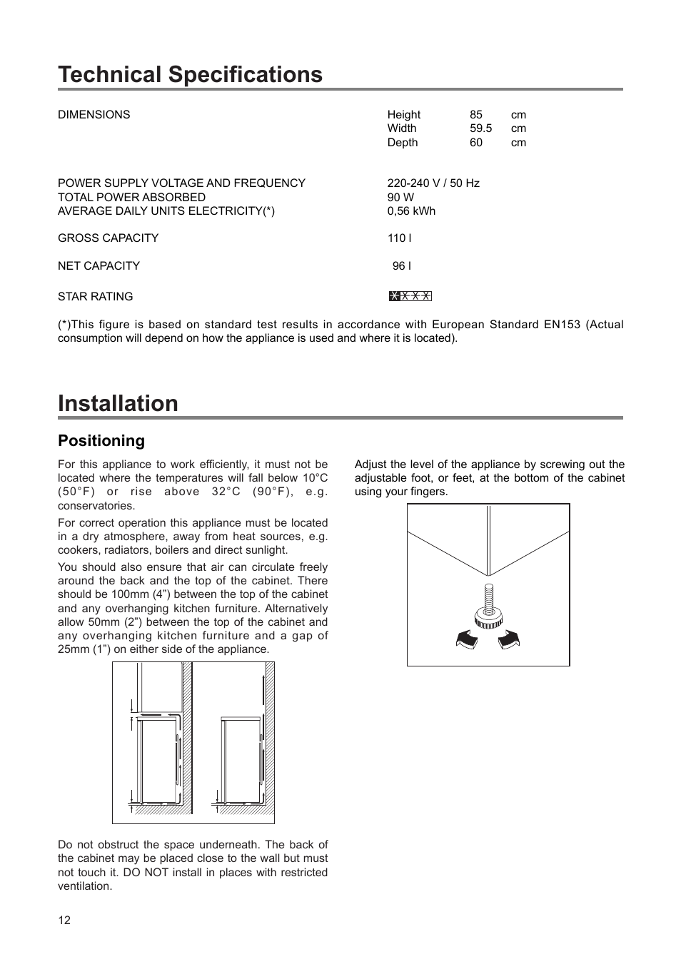 Installation, Technical specifications, Positioning | Zanussi ZEUT 6275 User Manual | Page 12 / 16