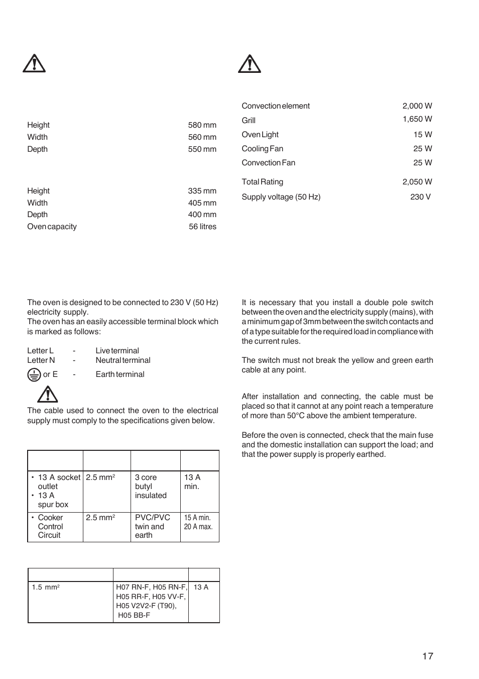 Electrical connection installation, Heating elements rating, Technical data | Zanussi ZBF 361 User Manual | Page 17 / 24