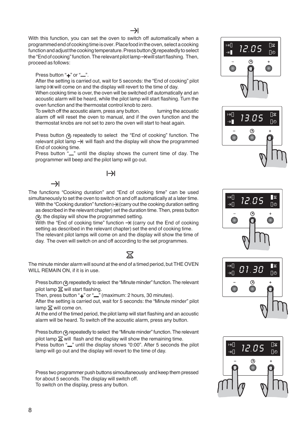 End of cooking” function, Cooking duration, And “end of cooking time” combined | Minute minder” function, How to switch off the display | Zanussi ZBF 361 User Manual | Page 8 / 24