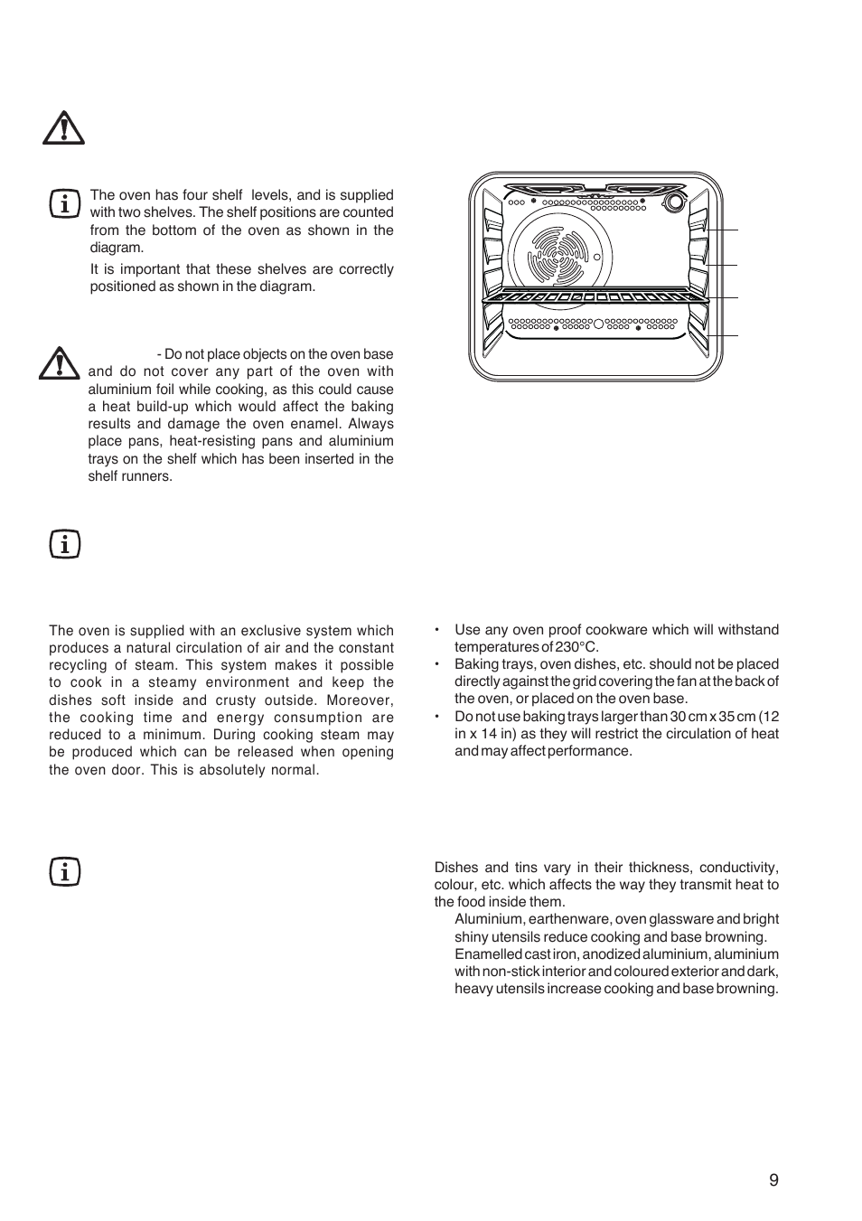 Hints and tips using the oven, Condensation and steam, Cookware | The effects of dishes on cooking results | Zanussi ZBF 361 User Manual | Page 9 / 24