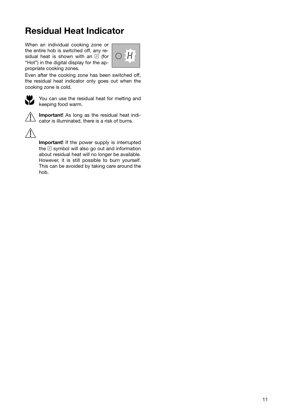 Residual heat indicator | Zanussi ZKT 863 LX User Manual | Page 11 / 32
