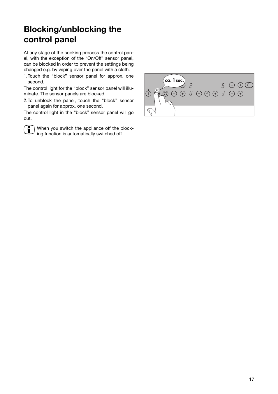Blocking/unblocking the control panel | Zanussi ZKT 863 LX User Manual | Page 17 / 32