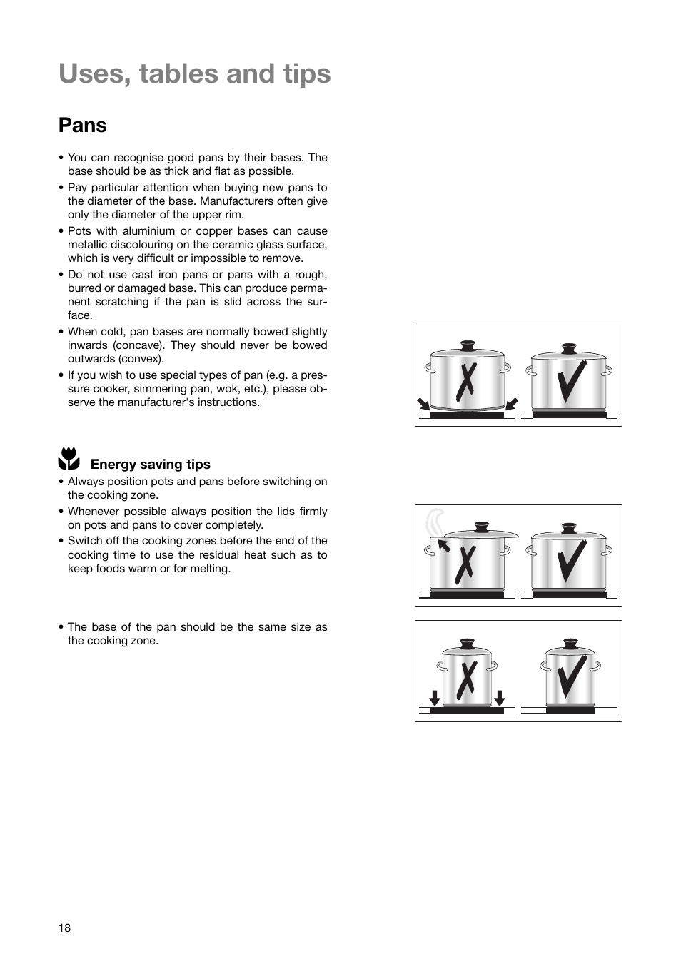 Uses, tables and tips, Pans | Zanussi ZKT 863 LX User Manual | Page 18 / 32