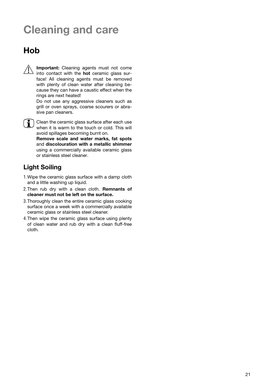 Cleaning and care | Zanussi ZKT 863 LX User Manual | Page 21 / 32