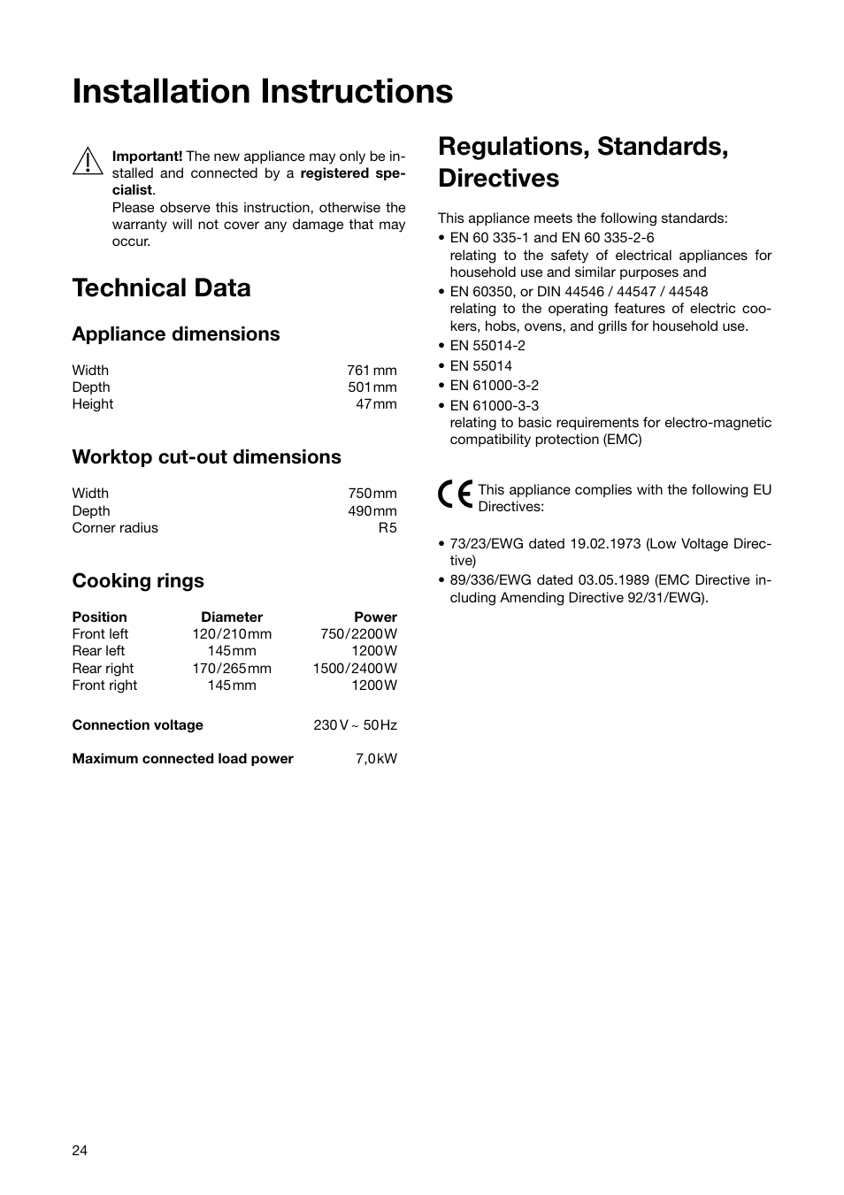 Installation instructions 1, Technical data, Regulations, standards, directives | Zanussi ZKT 863 LX User Manual | Page 24 / 32