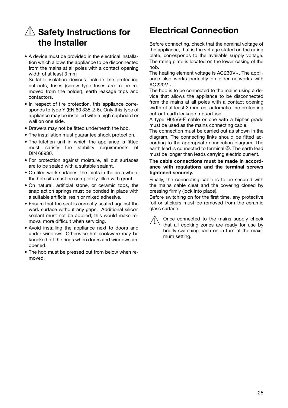 Safety instructions for the installer, Electrical connection | Zanussi ZKT 863 LX User Manual | Page 25 / 32