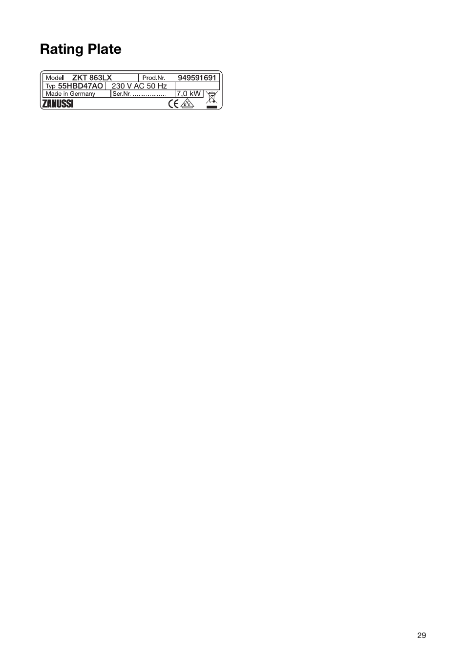 Rating plate | Zanussi ZKT 863 LX User Manual | Page 29 / 32
