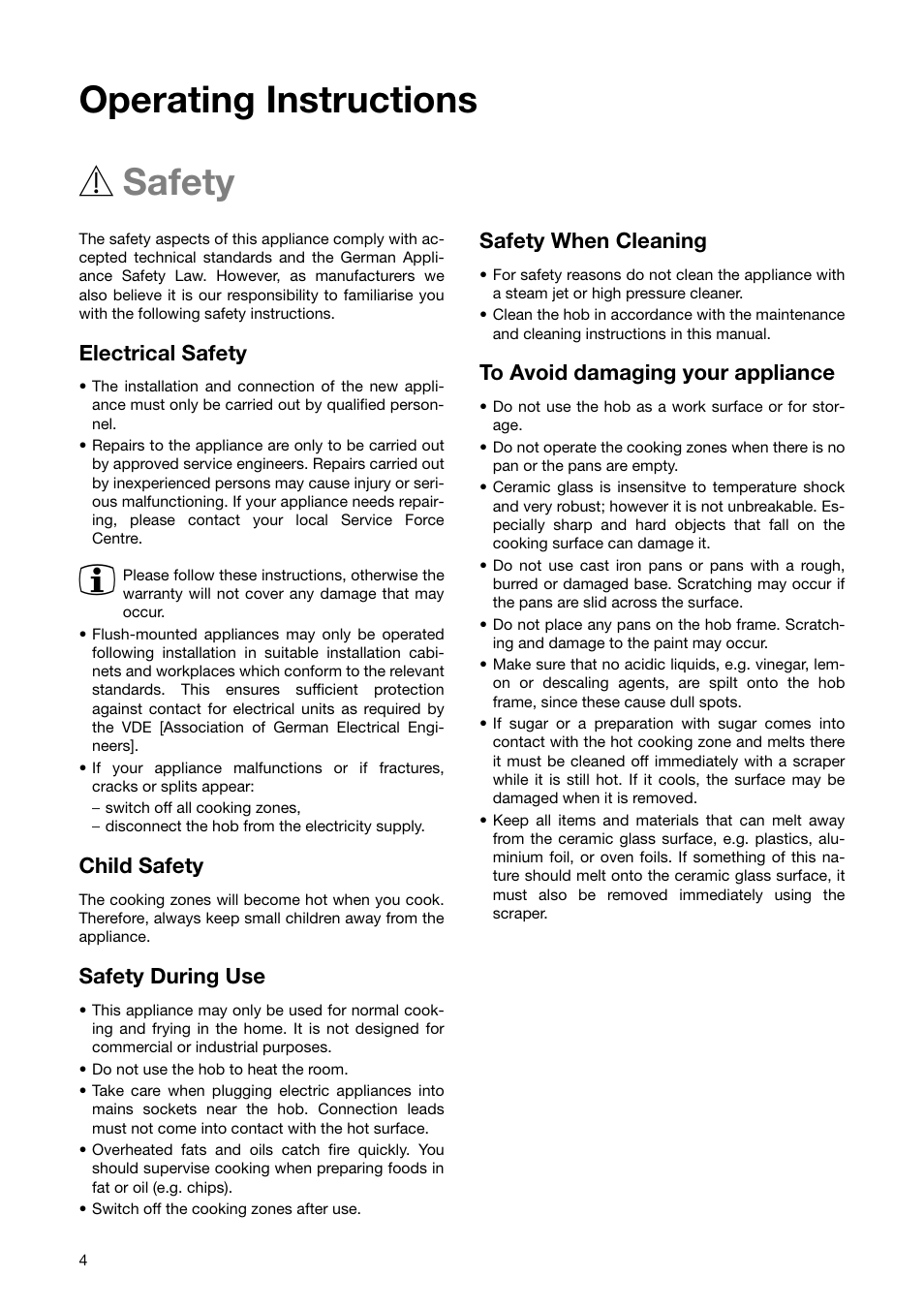 Operating instructions 1 safety, Electrical safety, Child safety | Safety during use, Safety when cleaning | Zanussi ZKT 863 LX User Manual | Page 4 / 32