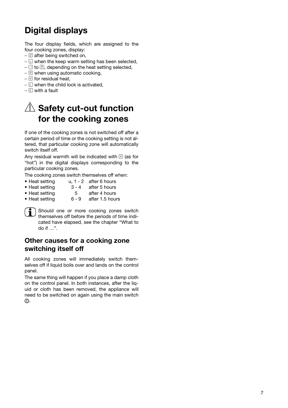 Digital displays, Safety cut-out function for the cooking zones | Zanussi ZKT 863 LX User Manual | Page 7 / 32