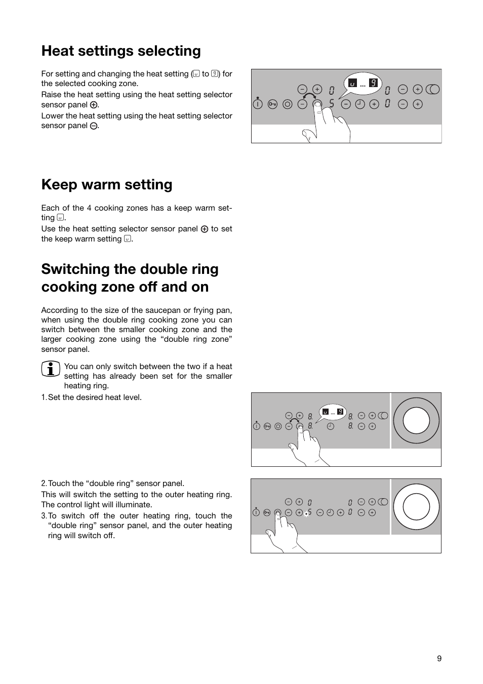 Heat settings selecting, Keep warm setting, Switching the double ring cooking zone off and on | Zanussi ZKT 863 LX User Manual | Page 9 / 32