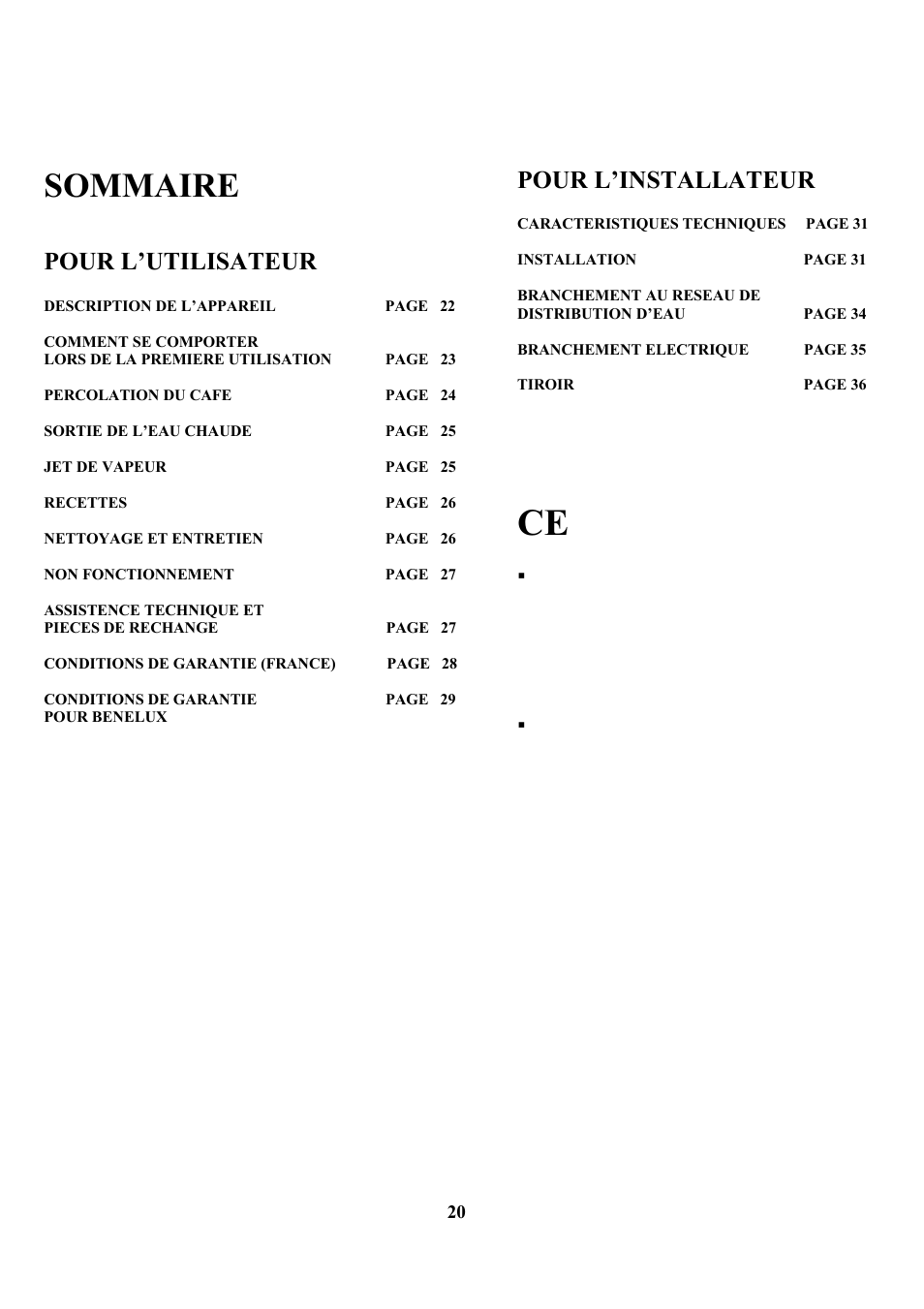 Sommaire, Pour l’utilisateur, Pour l’installateur | Zanussi ZCOF 637 X User Manual | Page 22 / 103