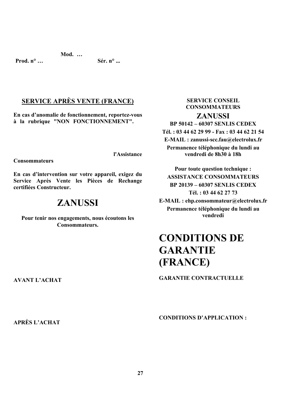 Conditions de garantie (france), Zanussi | Zanussi ZCOF 637 X User Manual | Page 29 / 103