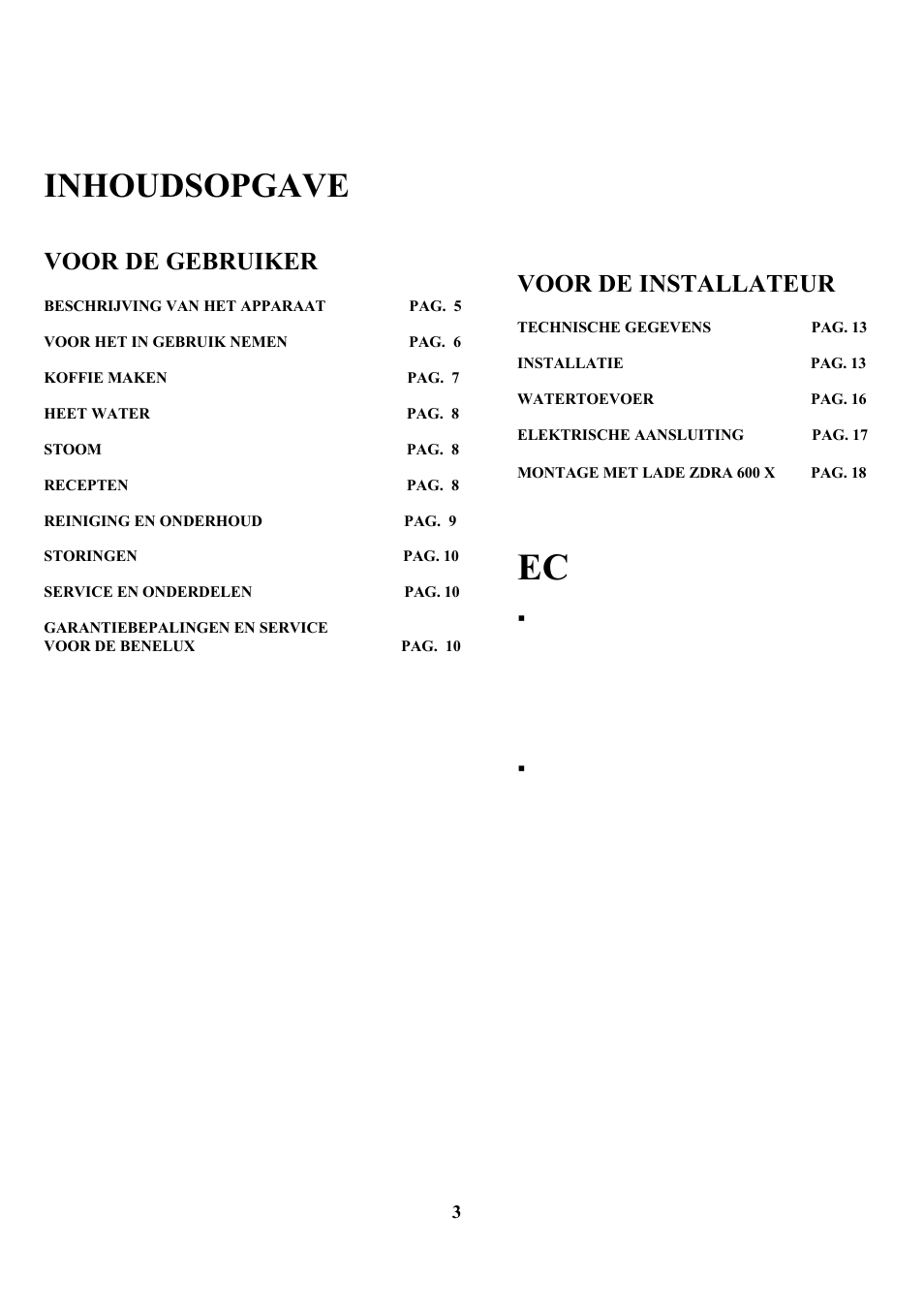 Inhoudsopgave, Voor de gebruiker, Voor de installateur | Zanussi ZCOF 637 X User Manual | Page 5 / 103