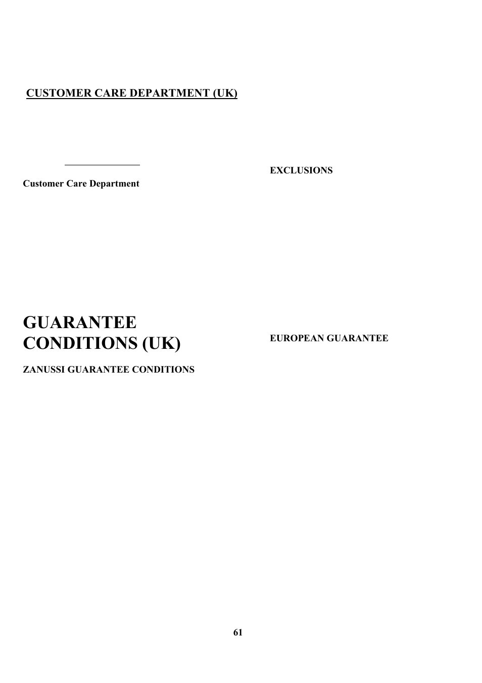 Guarantee conditions (uk) | Zanussi ZCOF 637 X User Manual | Page 63 / 103