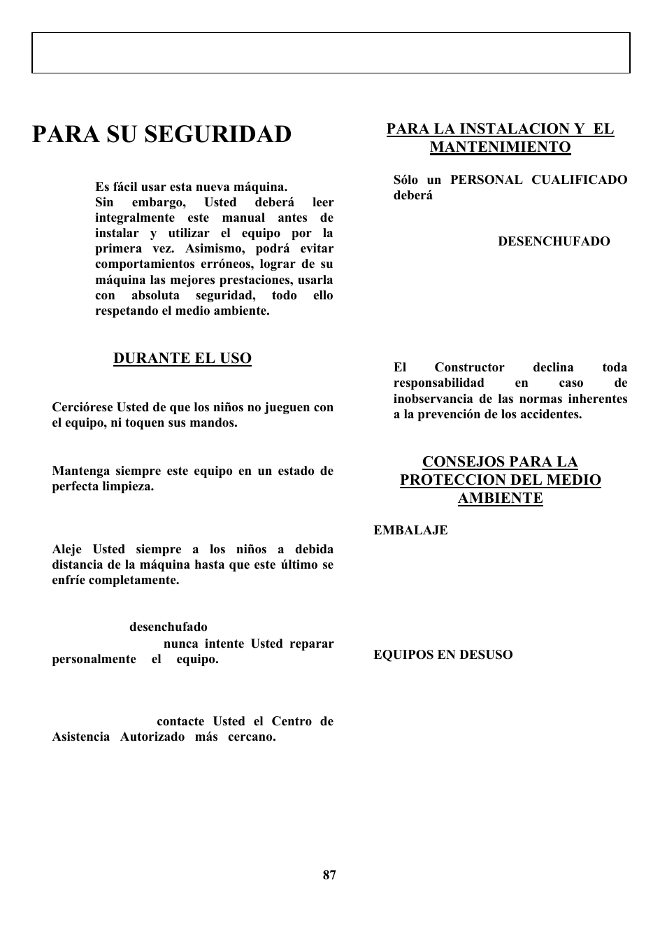 Español, Para su seguridad | Zanussi ZCOF 637 X User Manual | Page 89 / 103