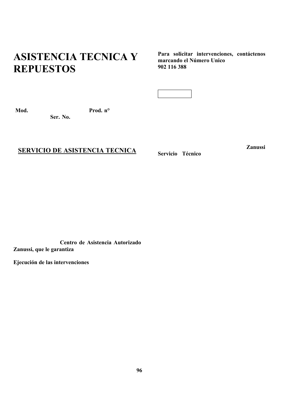 Asistencia tecnica y repuestos | Zanussi ZCOF 637 X User Manual | Page 98 / 103