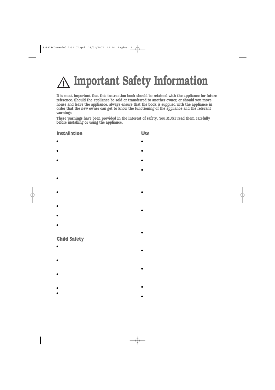 Important safety information, Installation, Child safety | Zanussi U29428 ZWF 1637 W User Manual | Page 2 / 28