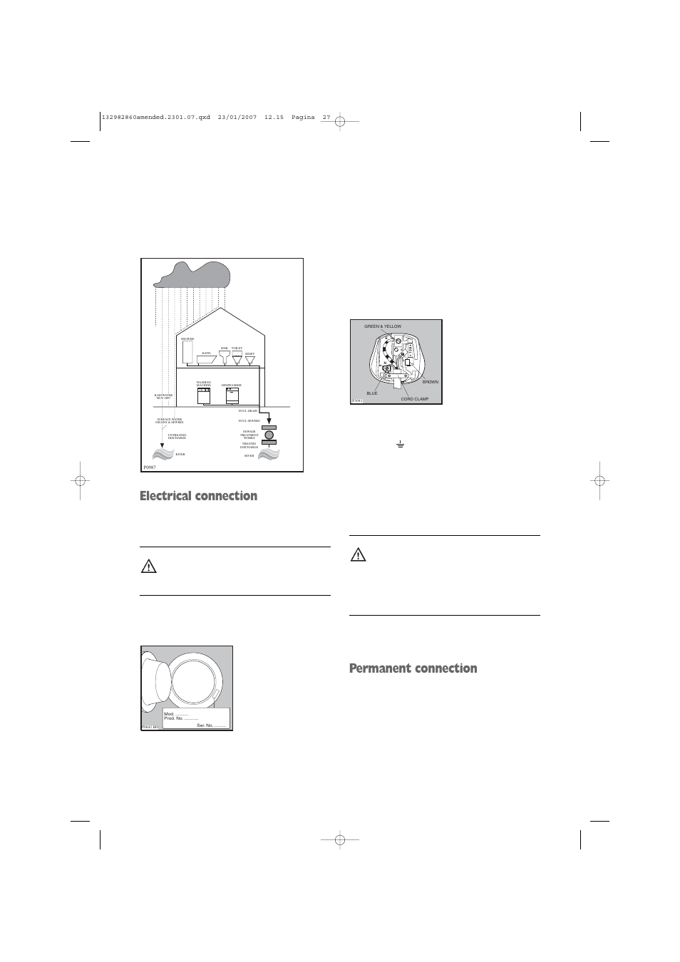 Electrical connection, Permanent connection, Mod . .......... pro d. no . ........... ser . n o | Zanussi U29428 ZWF 1637 W User Manual | Page 27 / 28