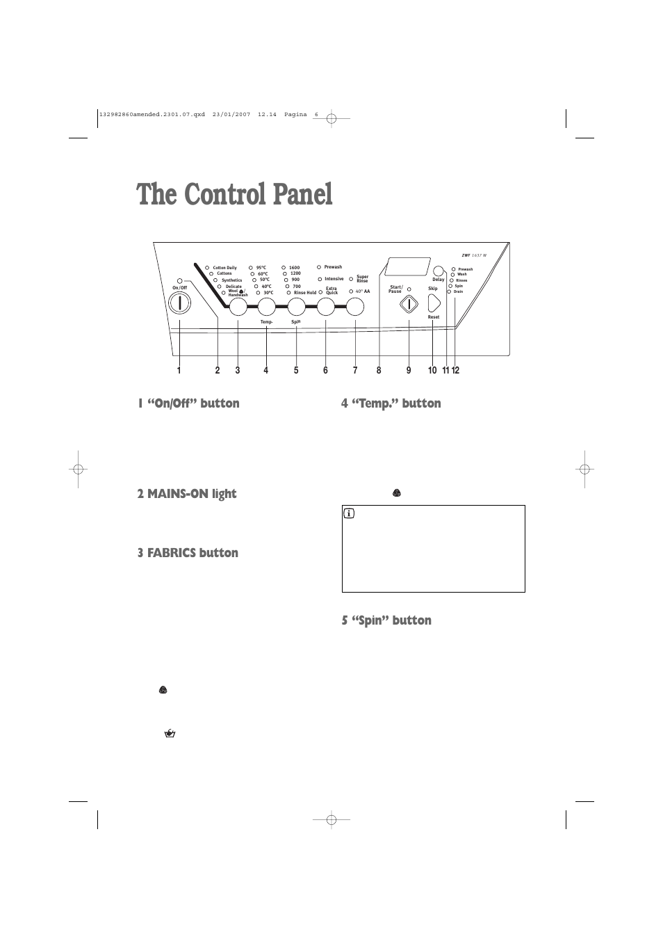 The control panel, 1 “on/off” button, 2 mains-on light | 3 fabrics button, 4 “temp.” button, 5 “spin” button | Zanussi U29428 ZWF 1637 W User Manual | Page 6 / 28