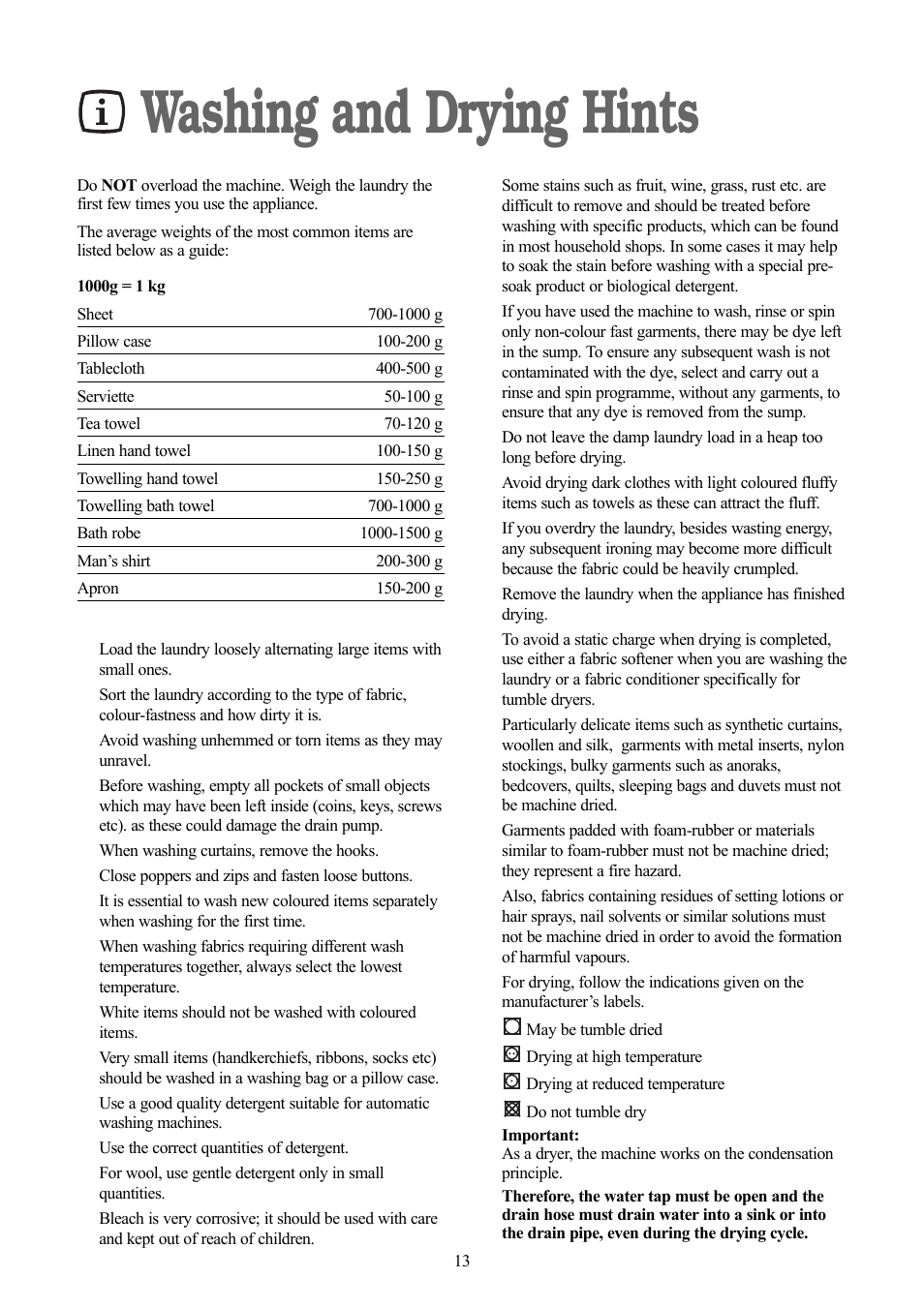 Washing and drying hints | Zanussi ZWD 1681 W User Manual | Page 13 / 29