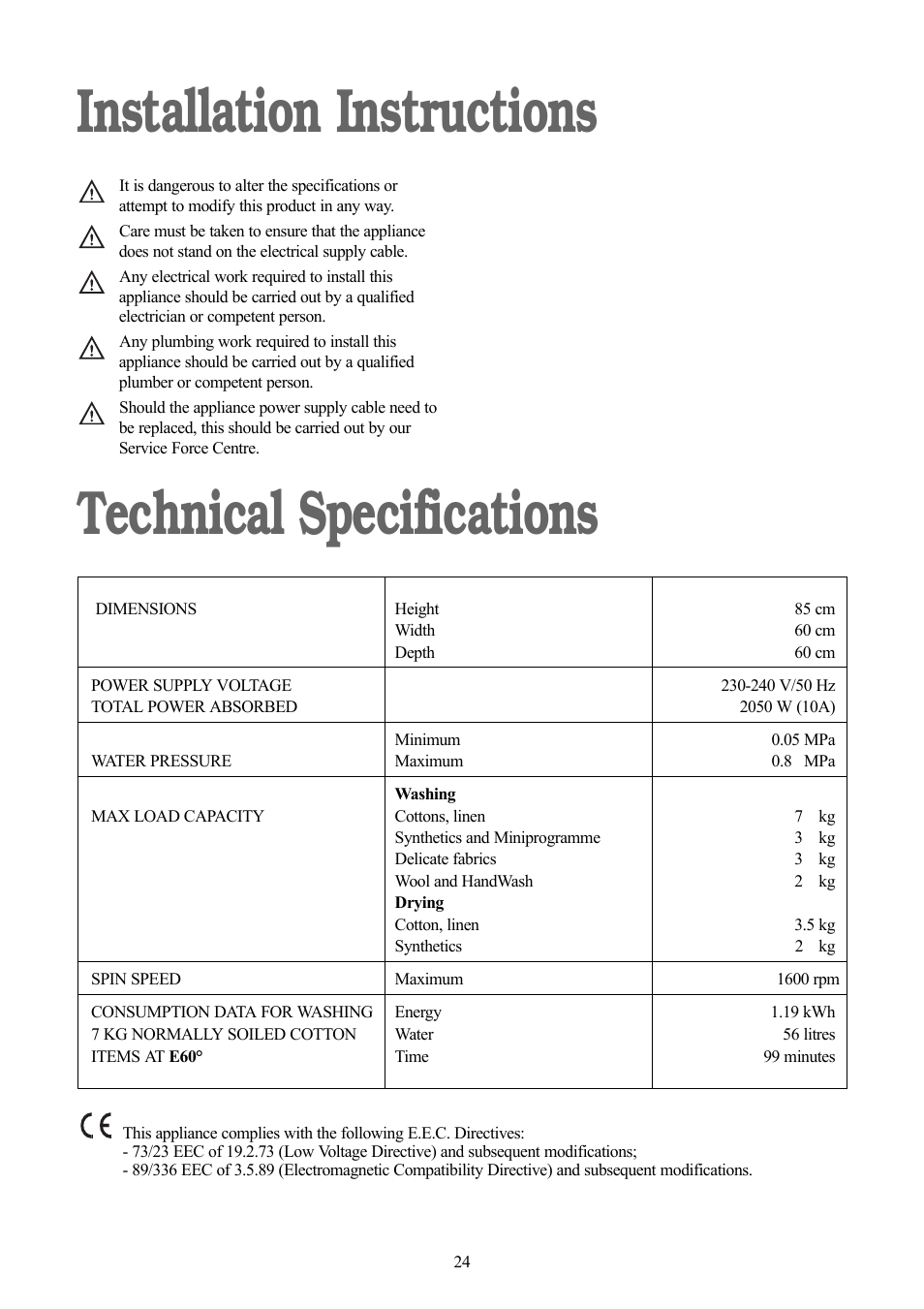 Installation instructions technical specifications | Zanussi ZWD 1681 W User Manual | Page 24 / 29