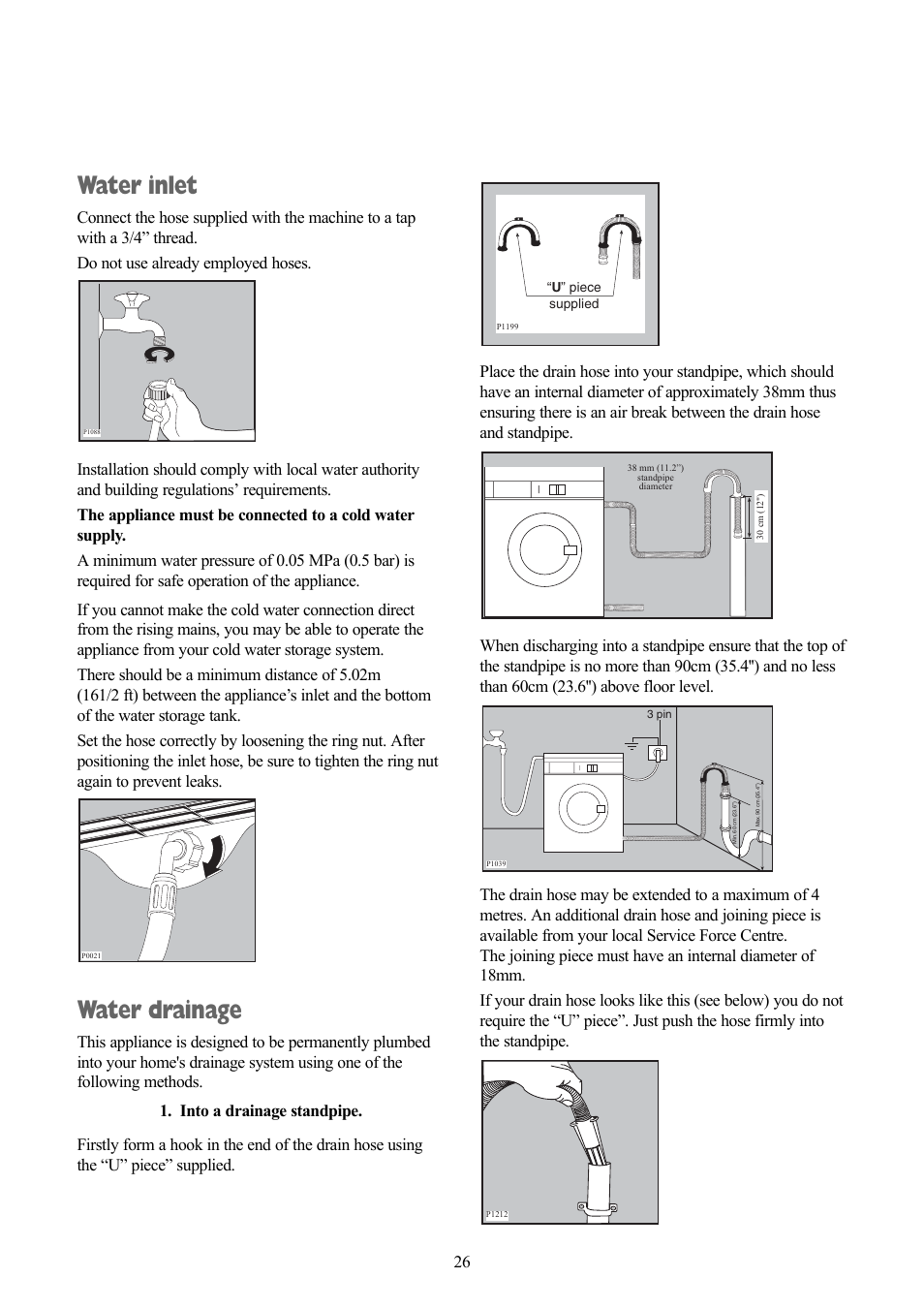 Water inlet, Water drainage | Zanussi ZWD 1681 W User Manual | Page 26 / 29