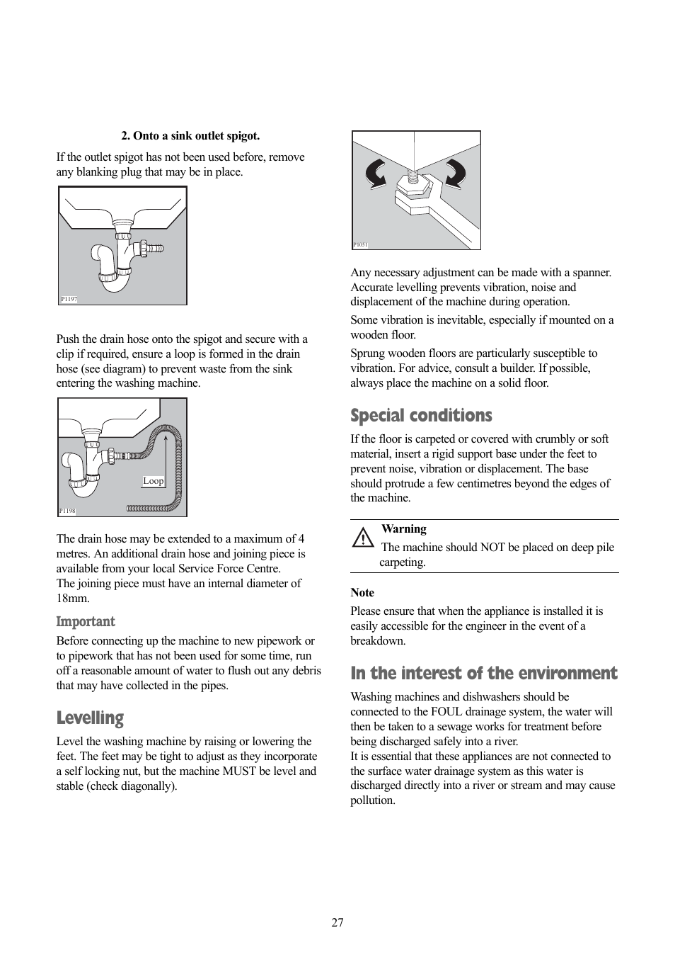 Levelling, Special conditions | Zanussi ZWD 1681 W User Manual | Page 27 / 29