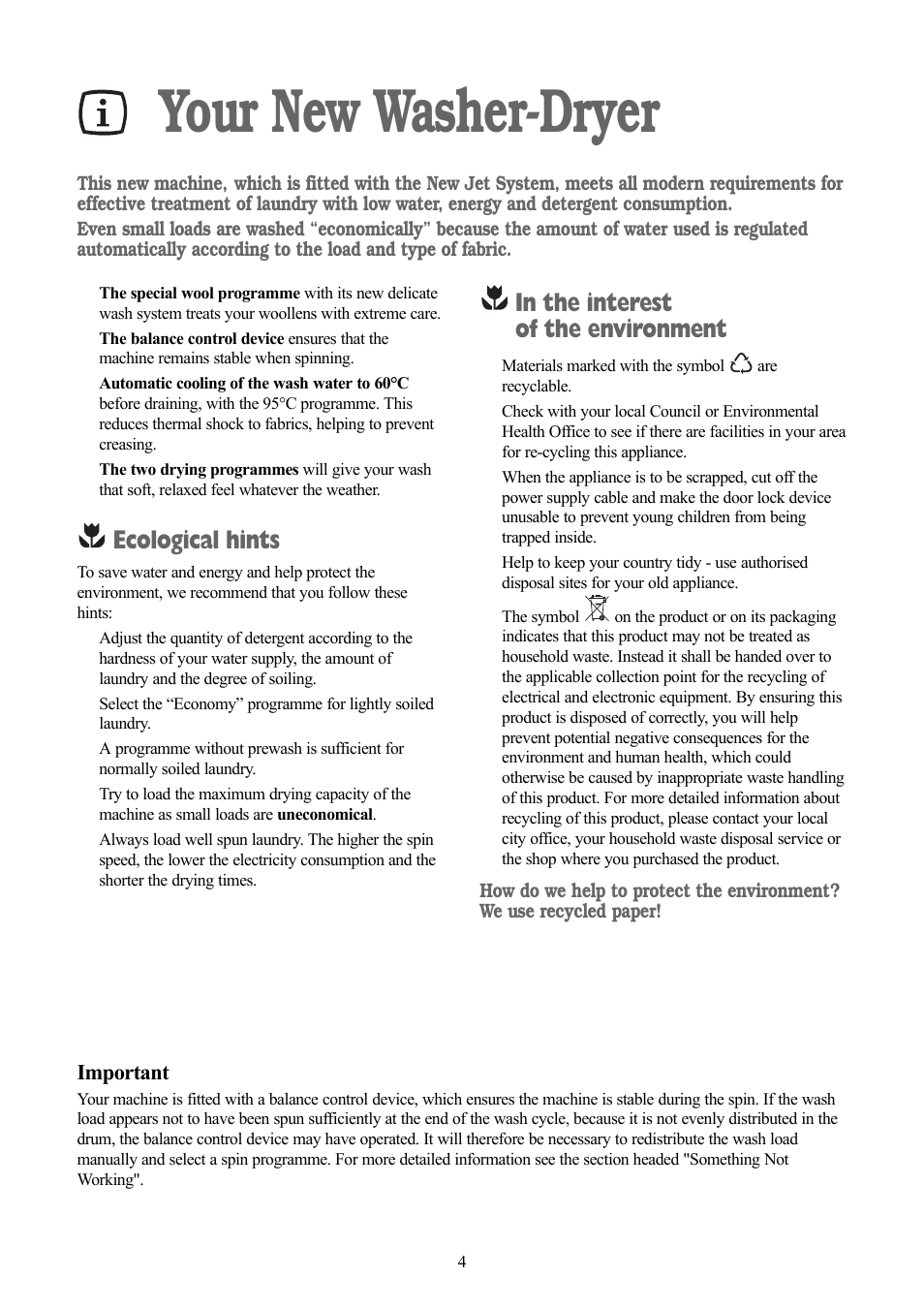 Your new washer-dryer, Ecological hints, Important | Zanussi ZWD 1681 W User Manual | Page 4 / 29