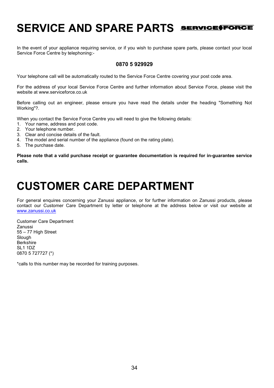 Service and spare parts, Customer care department | Zanussi ZDF867 User Manual | Page 34 / 36