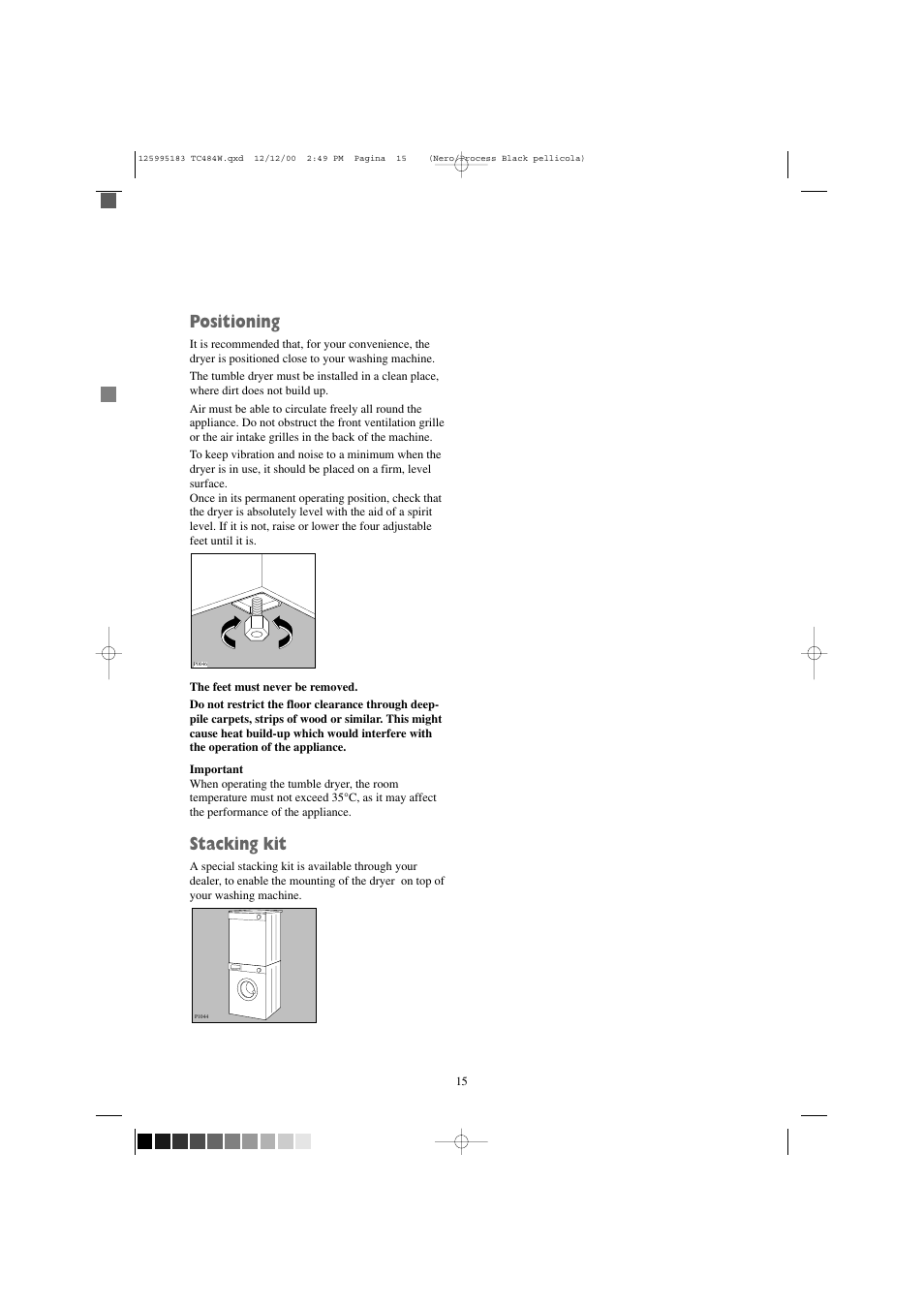 Positioning, Stacking kit | Zanussi TC 484 W User Manual | Page 15 / 18