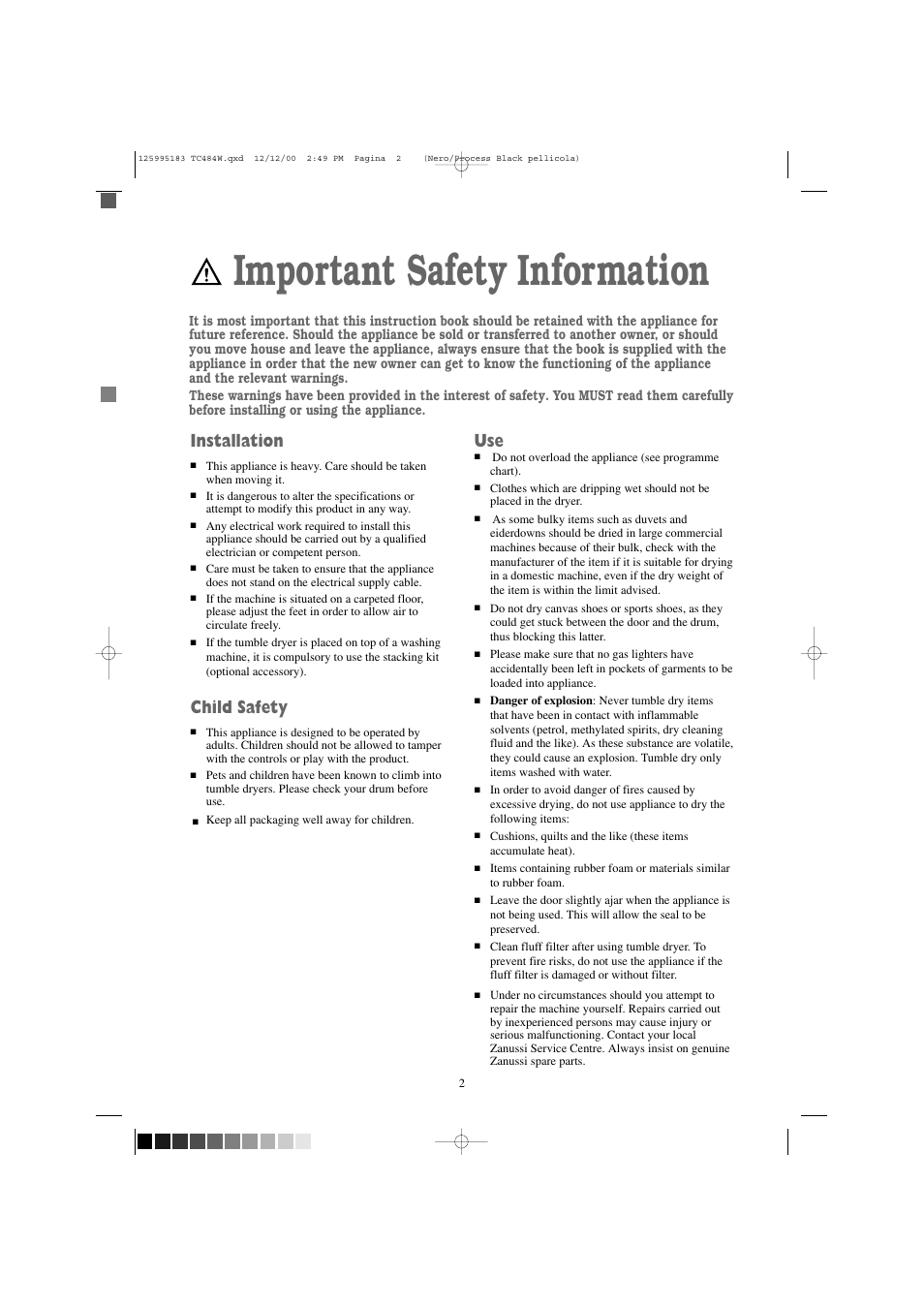 Important safety information, Installation, Child safety | Zanussi TC 484 W User Manual | Page 2 / 18