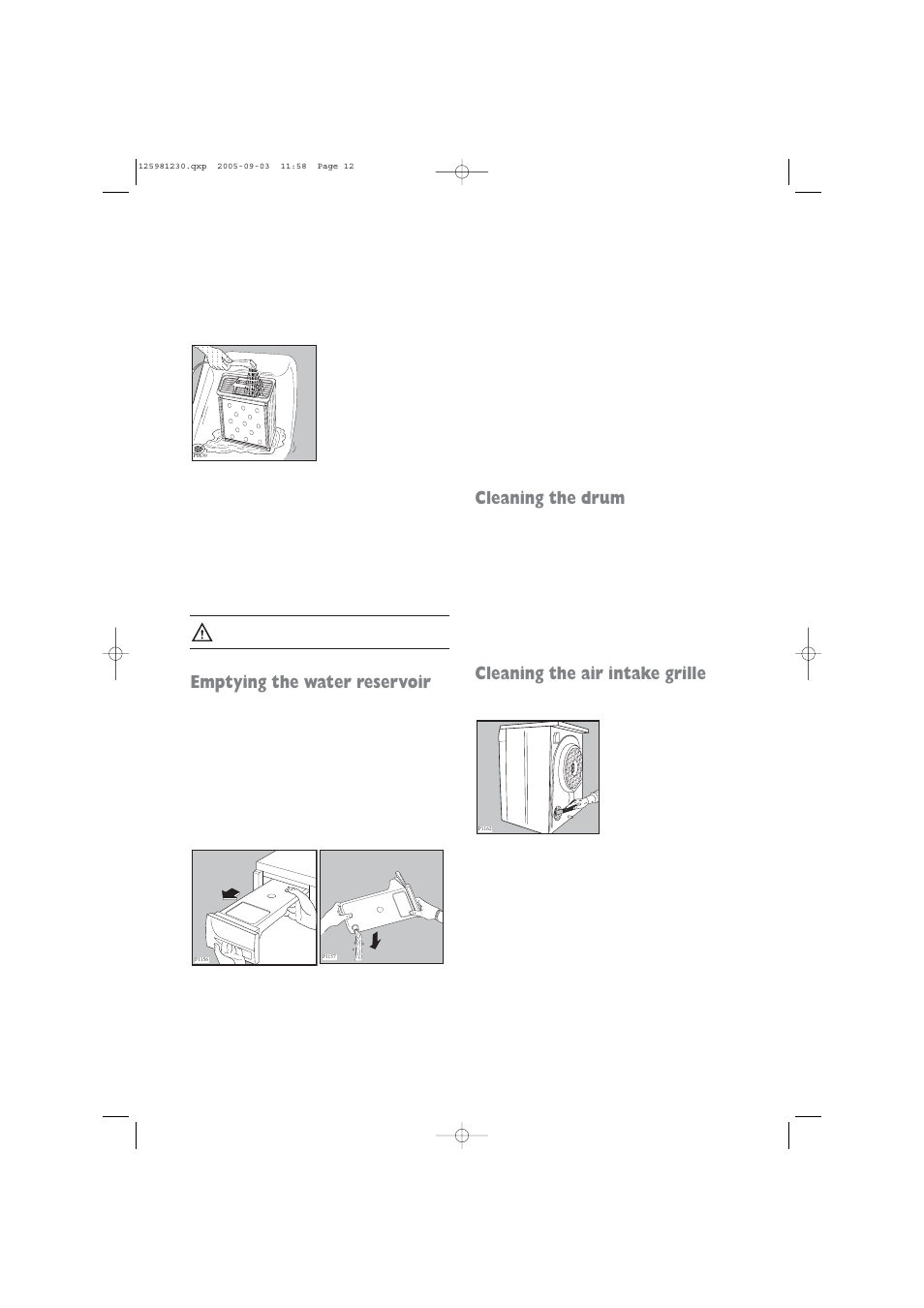 Emptying the water reservoir, Cleaning the drum, Cleaning the air intake grille | Zanussi ZDC 5370 W User Manual | Page 12 / 19