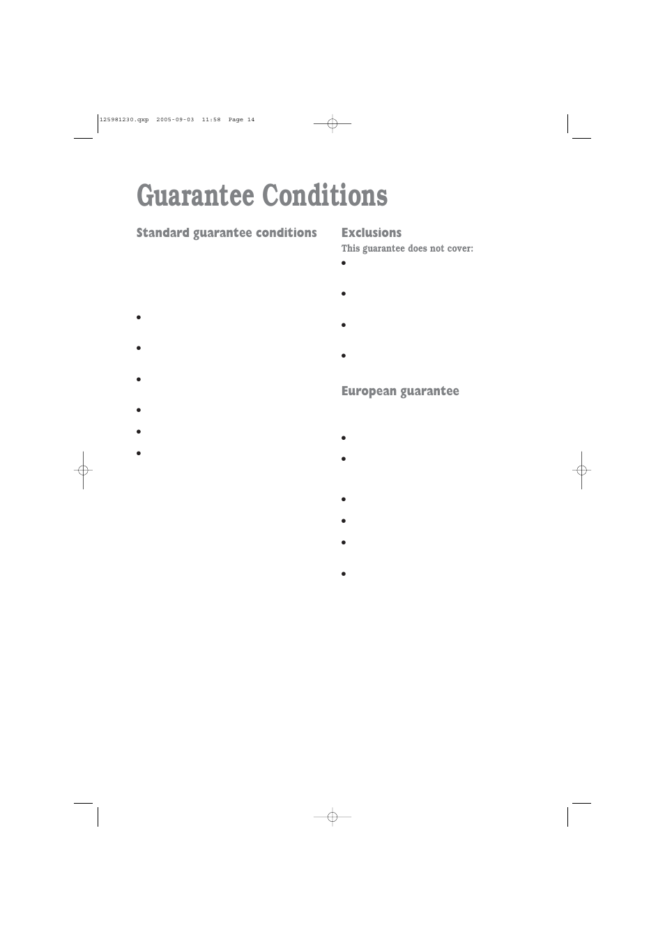 Guarantee conditions, Standard guarantee conditions, Exclusions | European guarantee | Zanussi ZDC 5370 W User Manual | Page 14 / 19