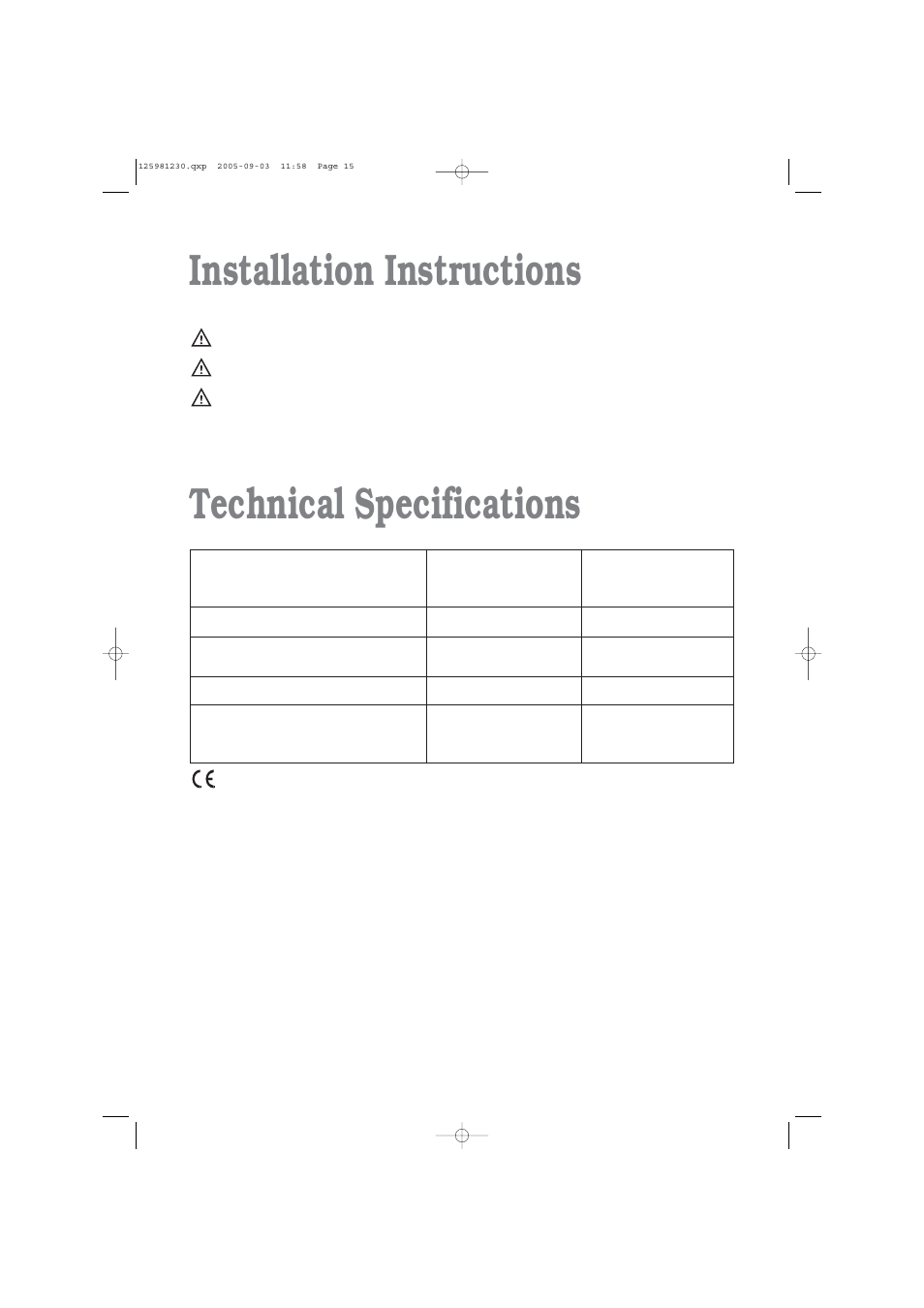 Technical specifications, Installation instructions | Zanussi ZDC 5370 W User Manual | Page 15 / 19