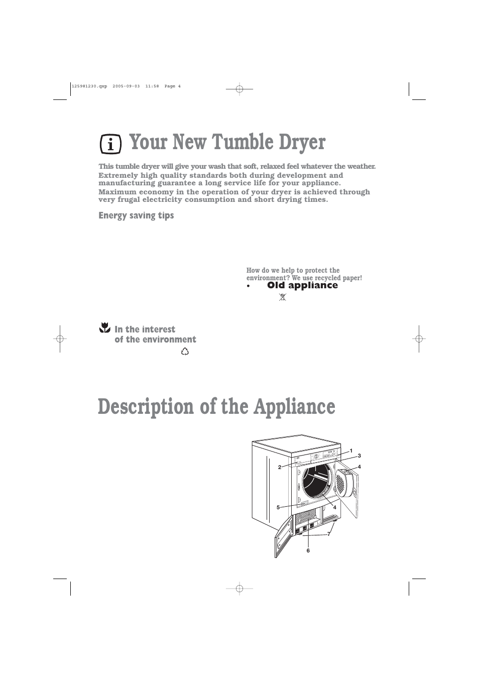 Description of the appliance, Your new tumble dryer, Old appliance | Energy saving tips | Zanussi ZDC 5370 W User Manual | Page 4 / 19